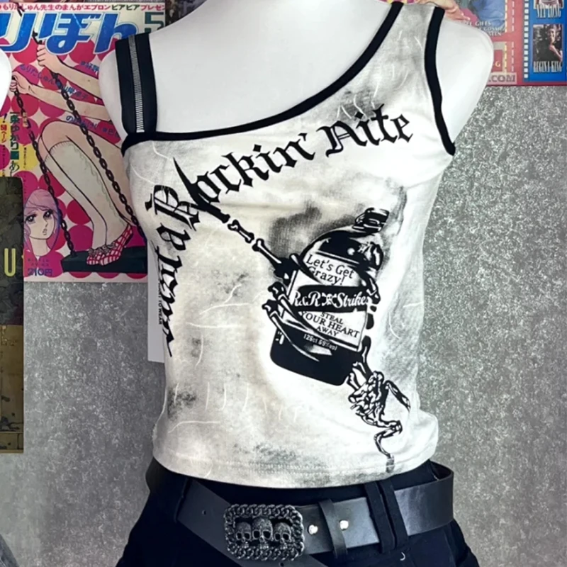 Japanese Subculture Punk Tanks American Retro Slim Fit Sexy Backless Off Shoulder T-shirt Gothic Casual Vintage Women Camis