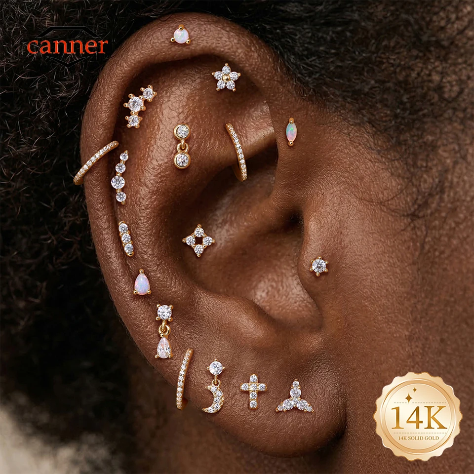 CANNER 1PC 14K Solid Gold G23 Titanium Geometric CZ Piercing Flat Back Stud Earring Women Hypoallergenic Flower Ear Bone Gift
