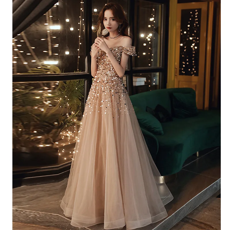 

Evening Dress For Women Champagne Off Shoulder Beaded Sequins Tulle Long Prom Dresses Elegant Banquet Dress Party Gowns Vestidos