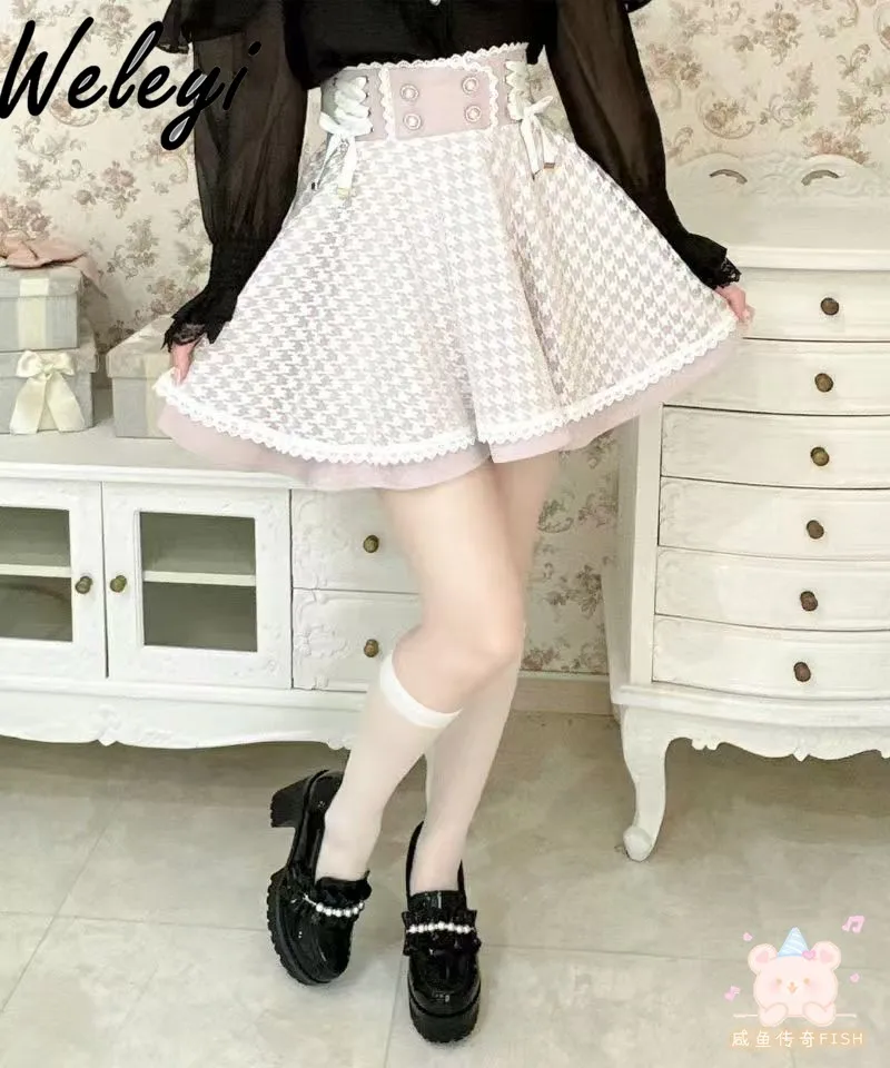 

Japanese Jirai Kei Y2k Plaid Grid Skirt Faldas Para Mujeres Cute Strap Love Pendant Mine Series Mass Production Gothic Skirts