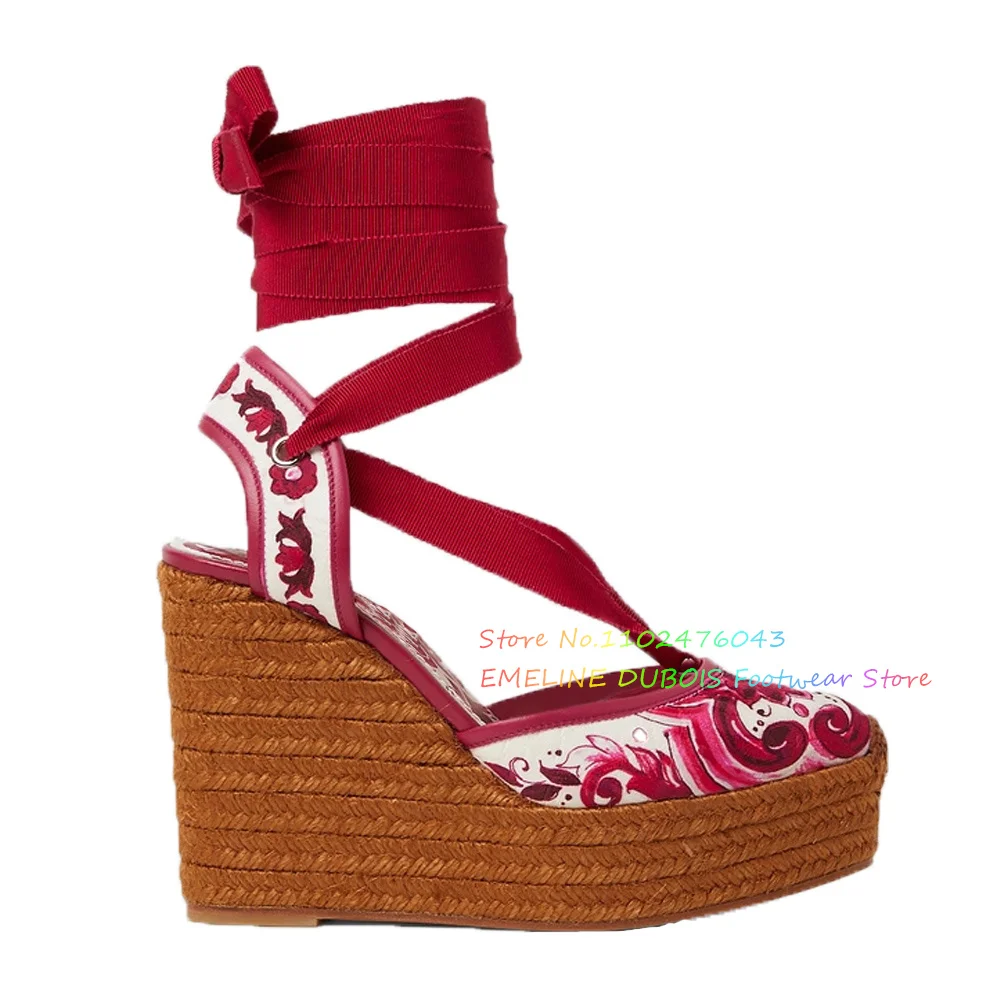 

Red Flower Print Wedge Sandals Women Platform Ribbon Wraparound Ankle Straps Summer Woven Rope Sole Elegant Lace Up Shoes