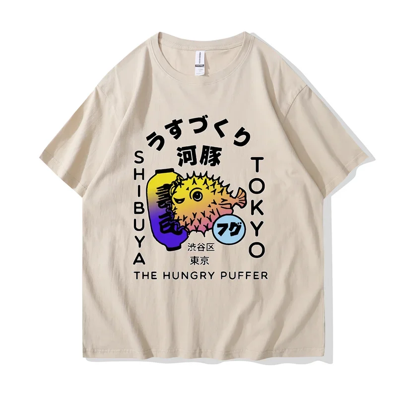 2024 일본 도요타키 푸퍼 피쉬 도쿄 푸드 그래픽 셔츠, 푸구 디자인 캄지 시부야 스트리트웨어 여성 티셔츠