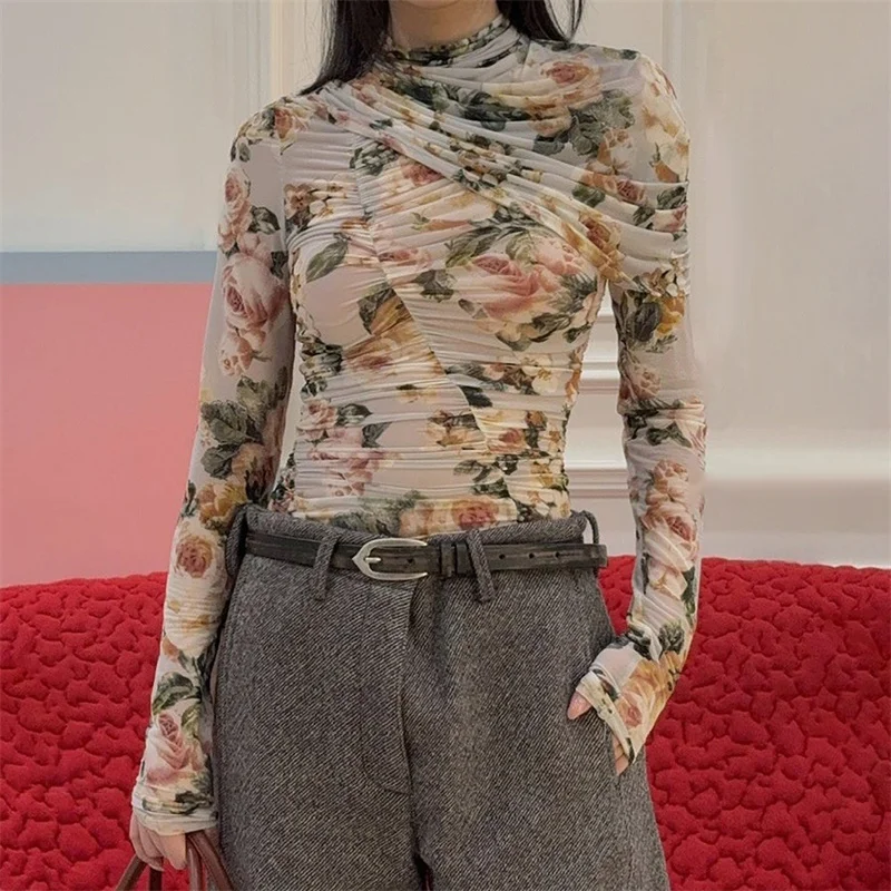 

Women's t-shirt 2026 Spring new asymmetrical slim fit pullover pleated printed women's tight corset y2k Women's long sleeve top