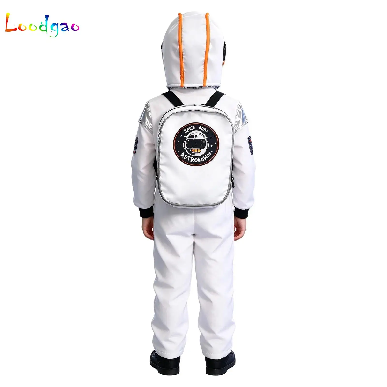 Kids Boys Astronaut Costume Long Sleeve Front Metallic Contrast Color Jumpsuit with Hat Backpack Carnival Theme Party Dress Up