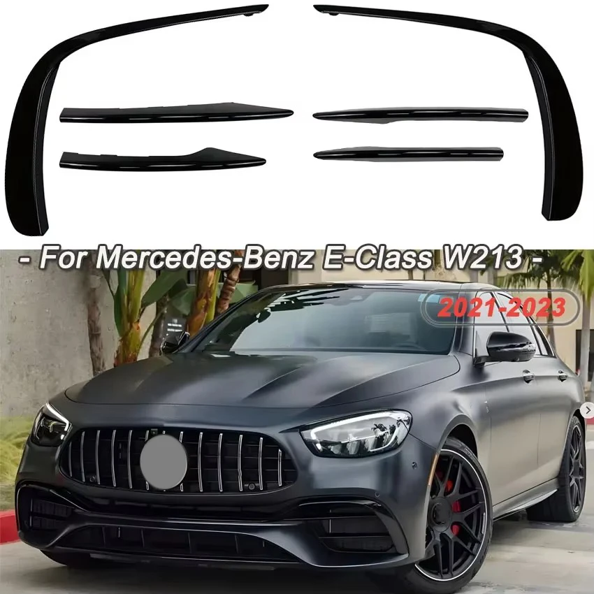 Car Front Bumper Lip Splitter Spoiler Fog Light Trim Tuning For Mercedes-Benz E-Class W213 E260 E300 E53 AMG 2021-2023 ABS Black