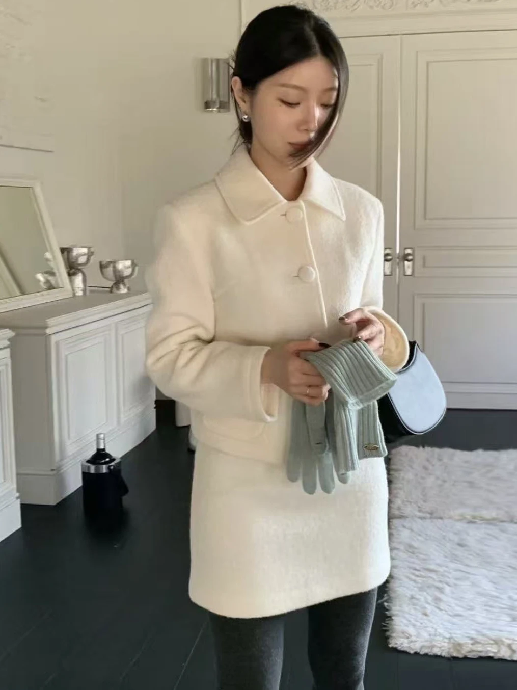 한국 슬레 오트 플란넬 재킷 싱글 버튼 시크 아웃핏 엘레 스커트 여성 패션 세트 겨울 성인 여성용