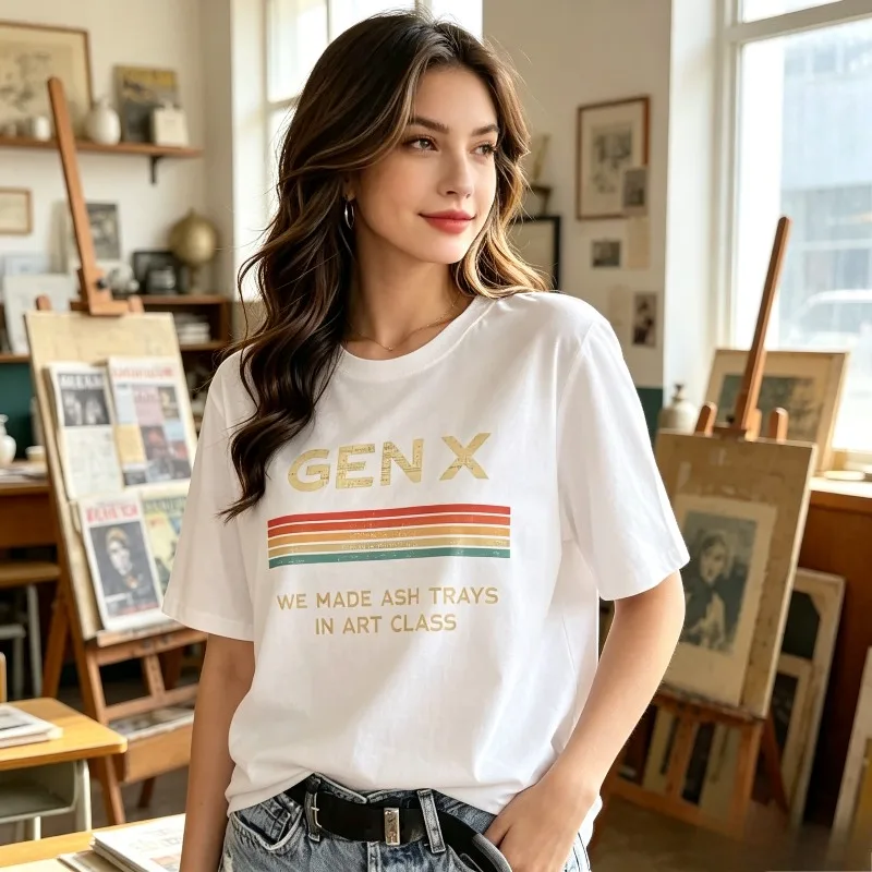 GEN X WE MADE ASH TRAYS IN ART CLASS Women T-Shirt Retro Striped Graphic Tee Funny Saying Print Top Soft Modal Daily Street