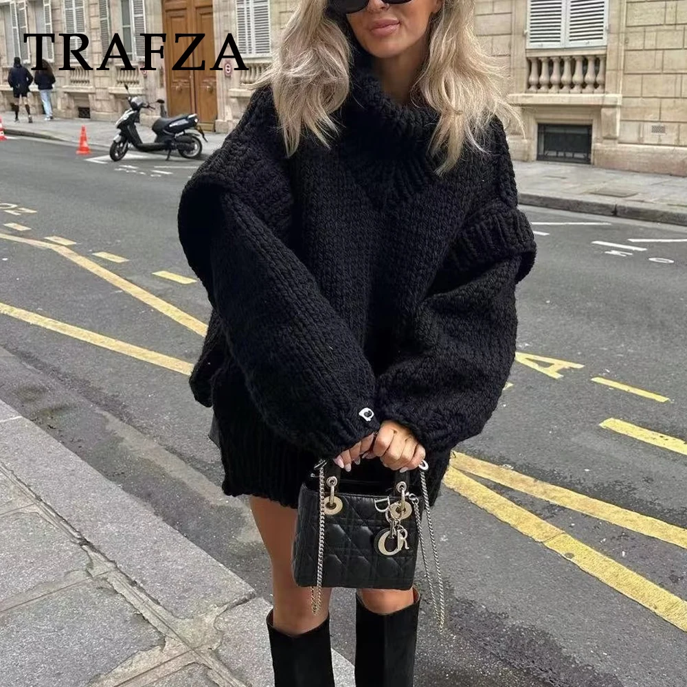 

TRAFZA 2023 Autumn Winter Women Casual Knitted Solid Sweater Turtleneck Loose Thick Pullovers Female High Street Oversized Tops