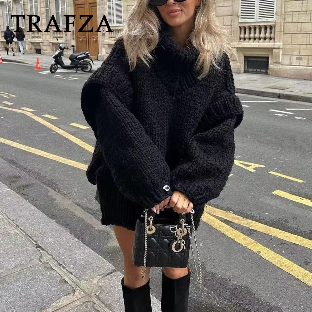 TRAFZA 2023 Autumn Winter Women Casual Knitted Solid Sweater Turtleneck Loose Thick Pullovers Female High Street Oversized Tops