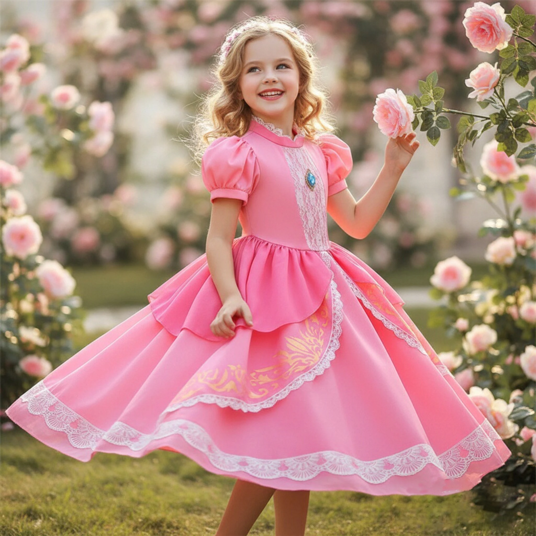 Peach Kids Mädchen Elegantes Rosafarbenes Kleid mit Spitze, Ausgefallenen Puffärmeln, Prinzessinnenkleid-Version, Patchwork-Kinderkostüm – Detail 9
