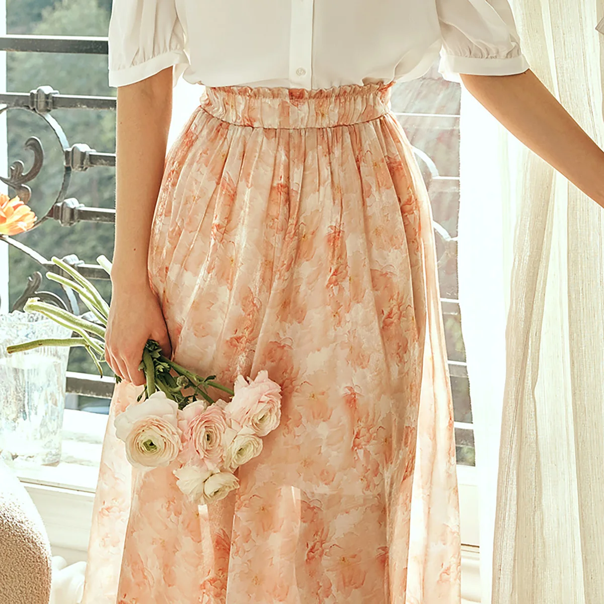 OLrain Women's A-line Skirt French Style Floral Print Elegant 2026 Summer High Waist Ruffled Gauze Ladies Skirts O23XB01892