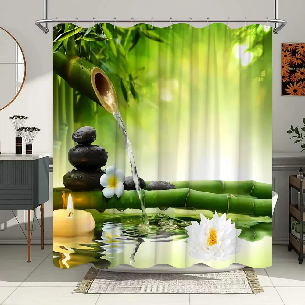 Zen Shower Curtain Lotus Landscape Shower Curtains with Hooks Zen Stone Green Bamboo Flowers Plants Scenery Bathroom Decor