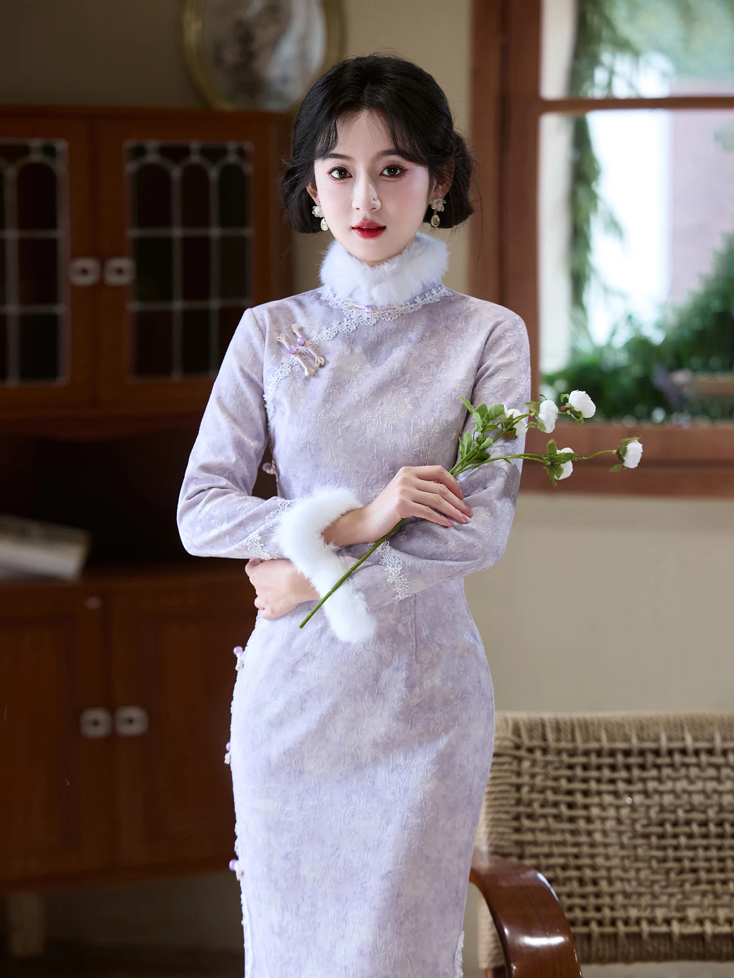 

Фиолетовое длинное платье с воротником-стойкой для женщин, осенне-зимнее, новое, в традиционном китайском стиле, теплое