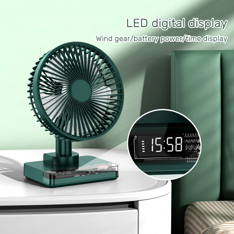 USB Desktop Fan with LED Clock & 3600mAh Battery, Auto 360° Oscillating, 3 Speeds, Quiet Portable, for Office Desk Bedroom Home