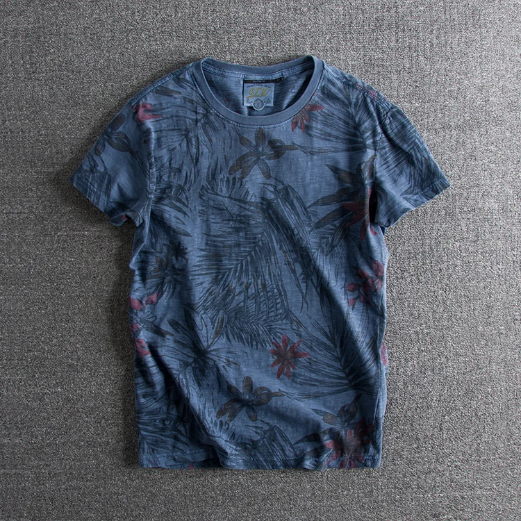 Summer New American Retro Short Sleeve O-neck Vacation Style Leaf Printed T-shirt Men's Fashion 100% Cotton Washed Casual Tops