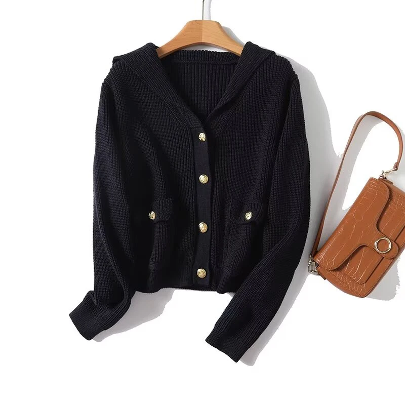 YENKYE  Women Navy Blue Sailor Collar Knit Cardigan Female  Long Sleeve Single Breasted With Pockets Short Autumn Winter Coat