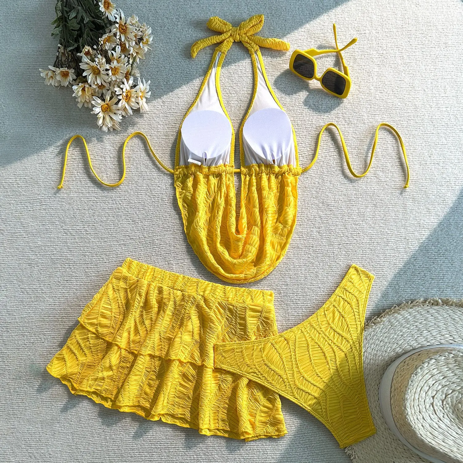 Sexy simples halter conjuntos de biquínis 3 pçs com mini saia volta gravata maiôs maiô praia outfits biquini tankini trikini