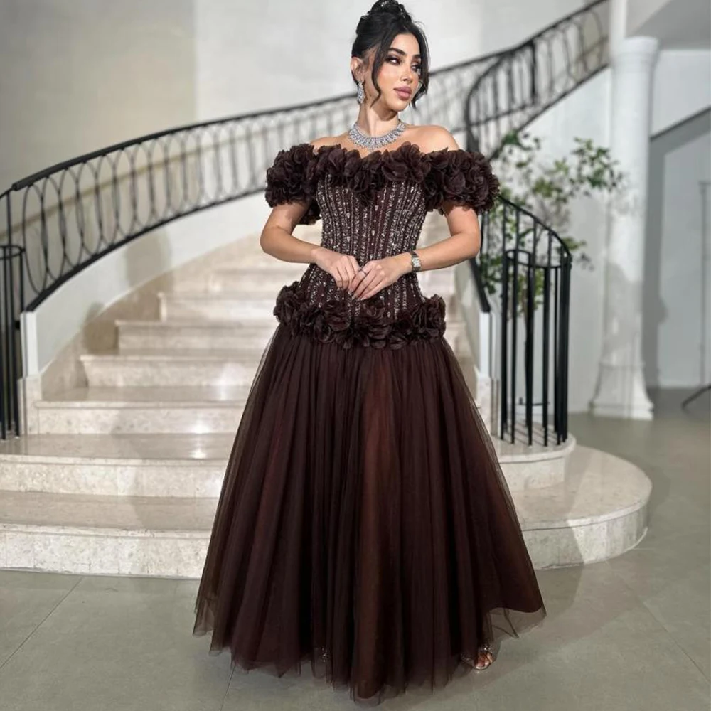 Flechazo Brown Tulle Evening Dress Off the Shoulder Short Sleeves with Ruffles A-Line Floor Length Beading Women Customized Gown