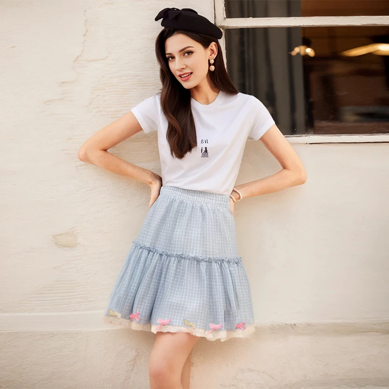 Rok Mini renda kotak-kotak biru kecil manis Y2k rok kue Kawaii Lolita Jepang Ruffles Harajuku 2024 rok Cosplay