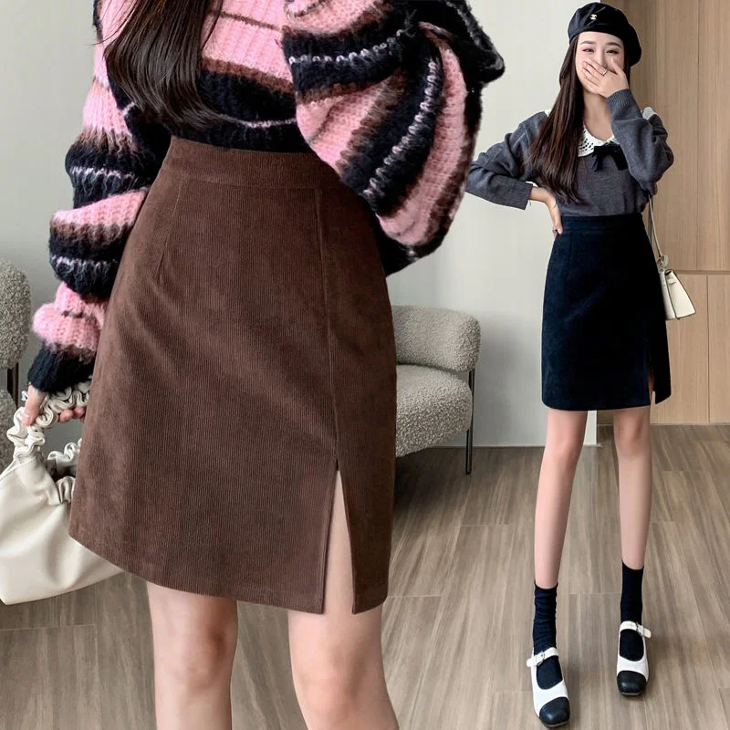 Corduroy Half Skirt Women's 2023 High Waist A-line Mid Skirt Split One Skirt Korean Fashion Skirts Clothes for Women