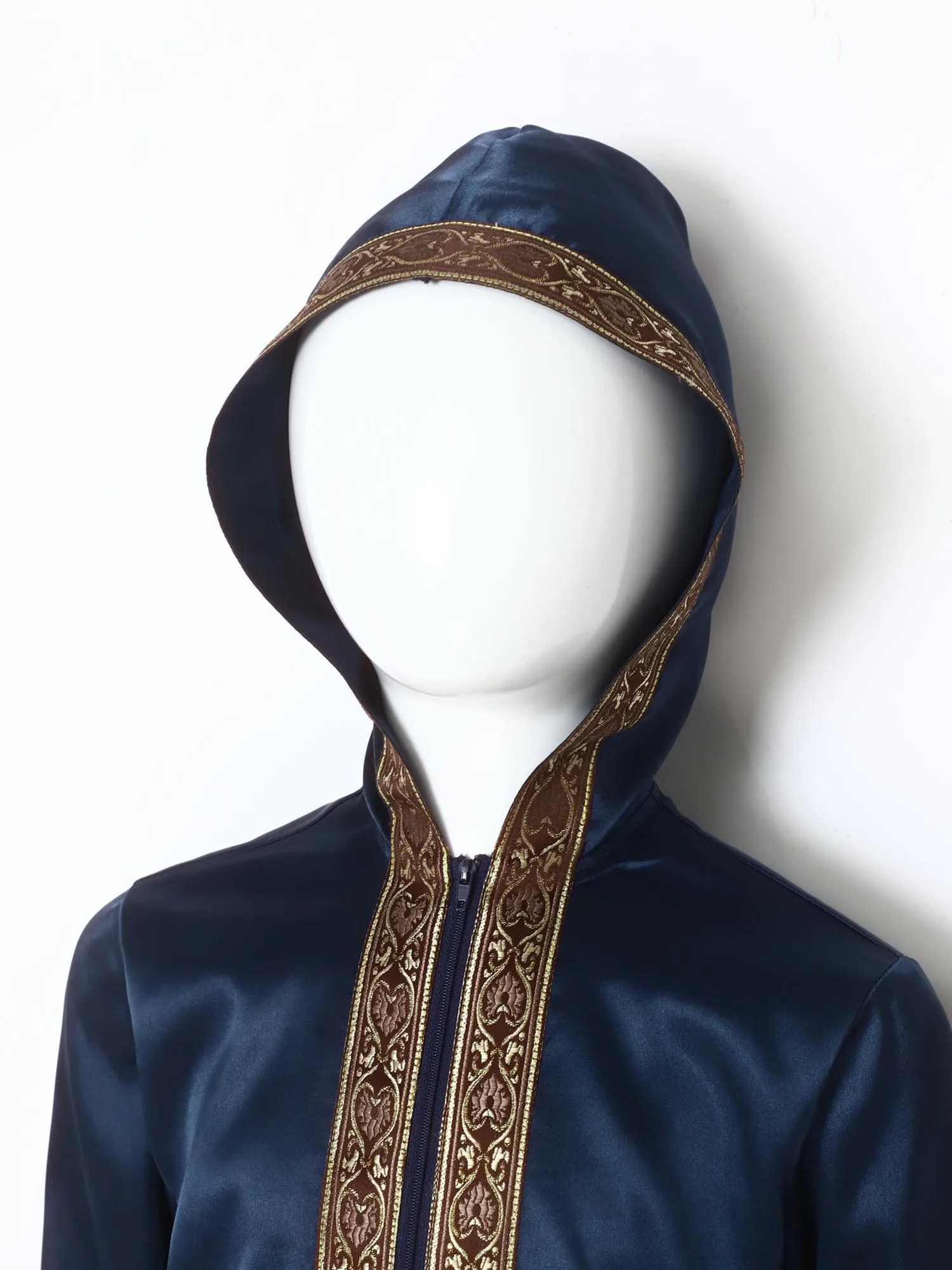 

Boys Muslim Arab Robe Hooded Long Sleeve Zip Up Gold Embroidered Braided Tape Ramadan Costume for Eid Party Fancy Dress