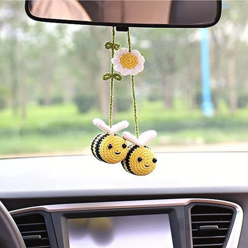 Woven Bee Car Ornament Bee Hand-Crochet Car Ornament Rearview Mirror Car Accessory Decoration For Bee Lovers