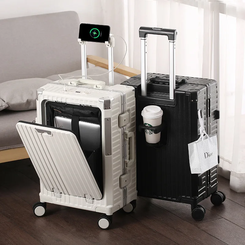 Imagem -03 - Mala de Viagem Alumínio Frame Rolling Trolley Travel Bags Frente Abertura Bagagem Phone Stand Suitcase Mala de Bagagem Alta Qualidade 20 26