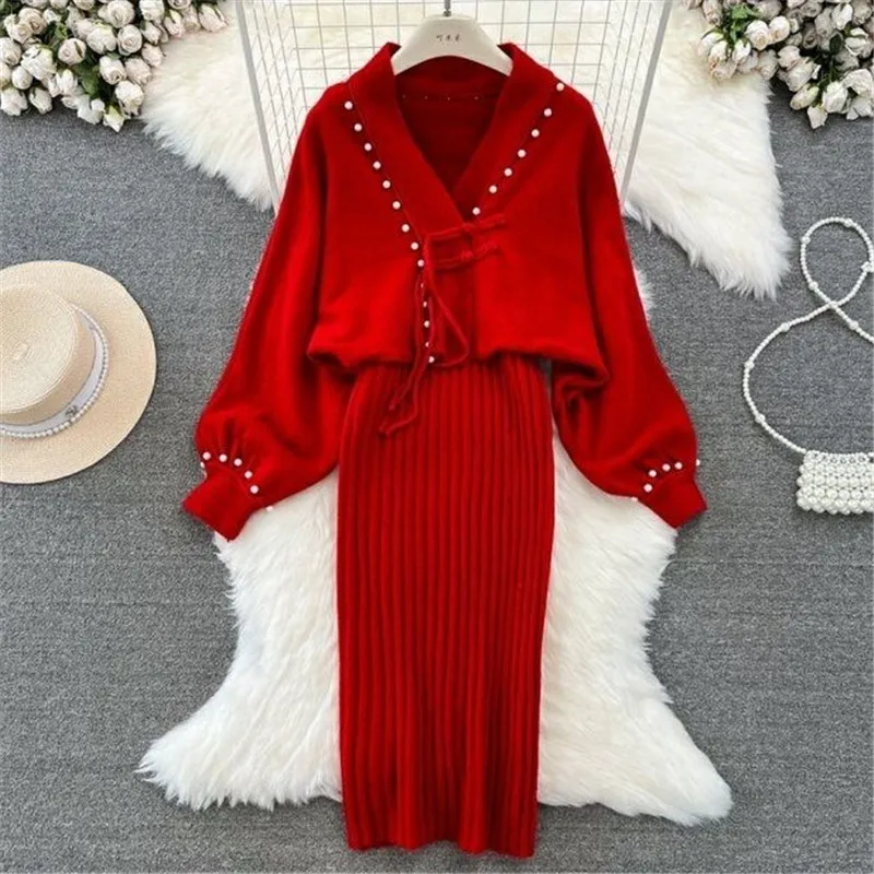 Women Autumn Winter Suit Chinese Style Bat Long Sleeved Buttoned Sweater Jacket @ Waist Cinched Knit Vest Dress Two-Piece Set