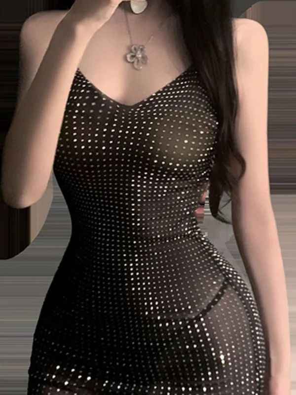 Fashion Exotic Summer Women's Clothing Style Strap Deep V-groove Perspective Hot Stamping Diamond Sexy Tight Elegant Dress PEAS