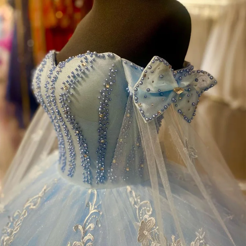 Angelsbridep Sky Blue ชุดไปงานเต้นรำ Quinceanera กับ Cape ไข่มุกหวาน16สาว Brithday ชุดเดรสปาร์ตี้ Vestidos De 15ปี