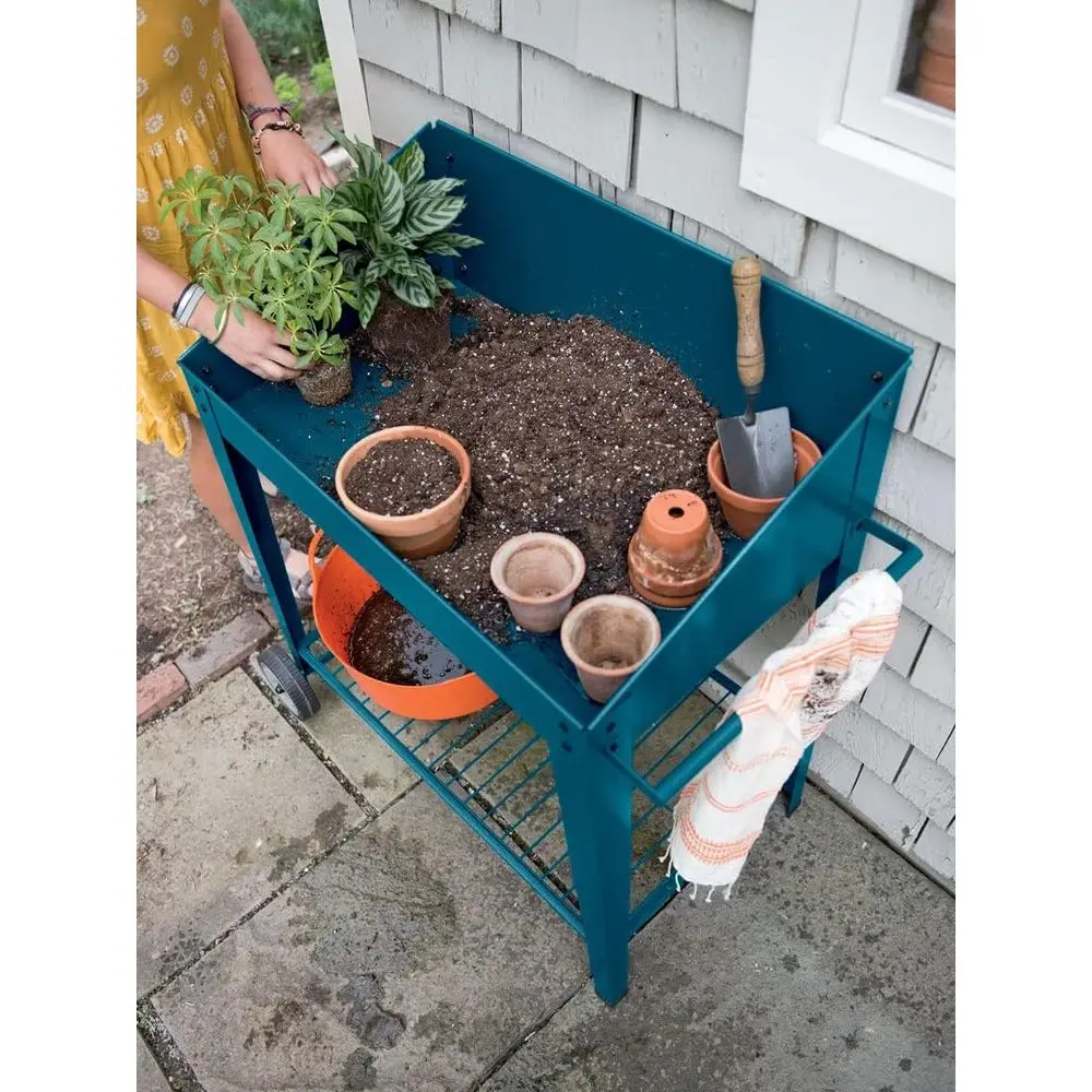 Demeter Metal Potting Bench with Wheels | Heavy Duty Outdoor Garden Work Table Workbench Workstation with Side Metal Sidewalls | - view 2