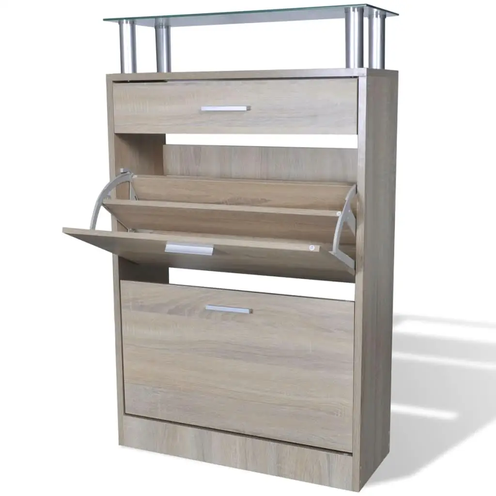 Wooden Shoe Cabinet with Drawer & Glass Top Shelf - Stylish Oak Finish Storage Solution