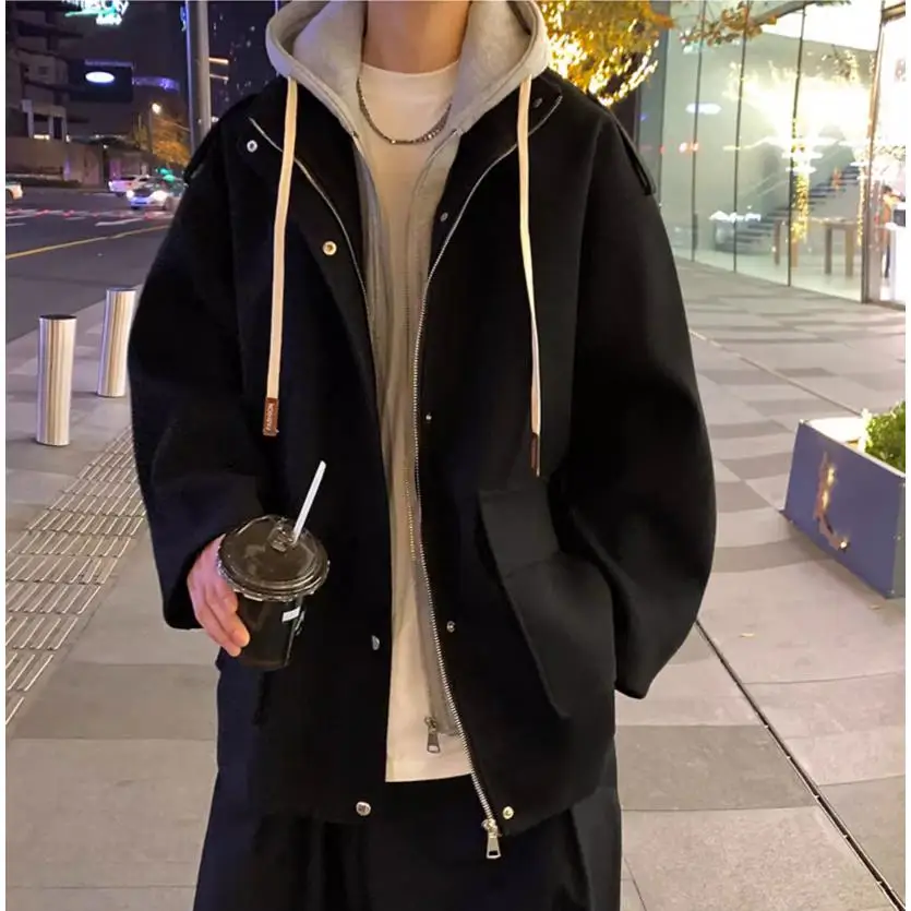 معطف صوفي دافئ بغطاء للرأس، طبقة مزدوجة من قماش البوليستر الداخلي، جاكيت شتوي للرجال، سميك بأكمام طويلة بلون واحد #4