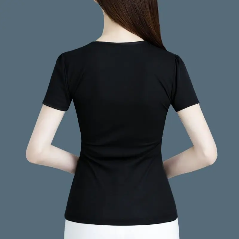 Summer New Fashion Elegant Simple Black V-Neck Short Sleeved T-shirt Women Temperation Patchwork Button Slim Fit Versatile Tops