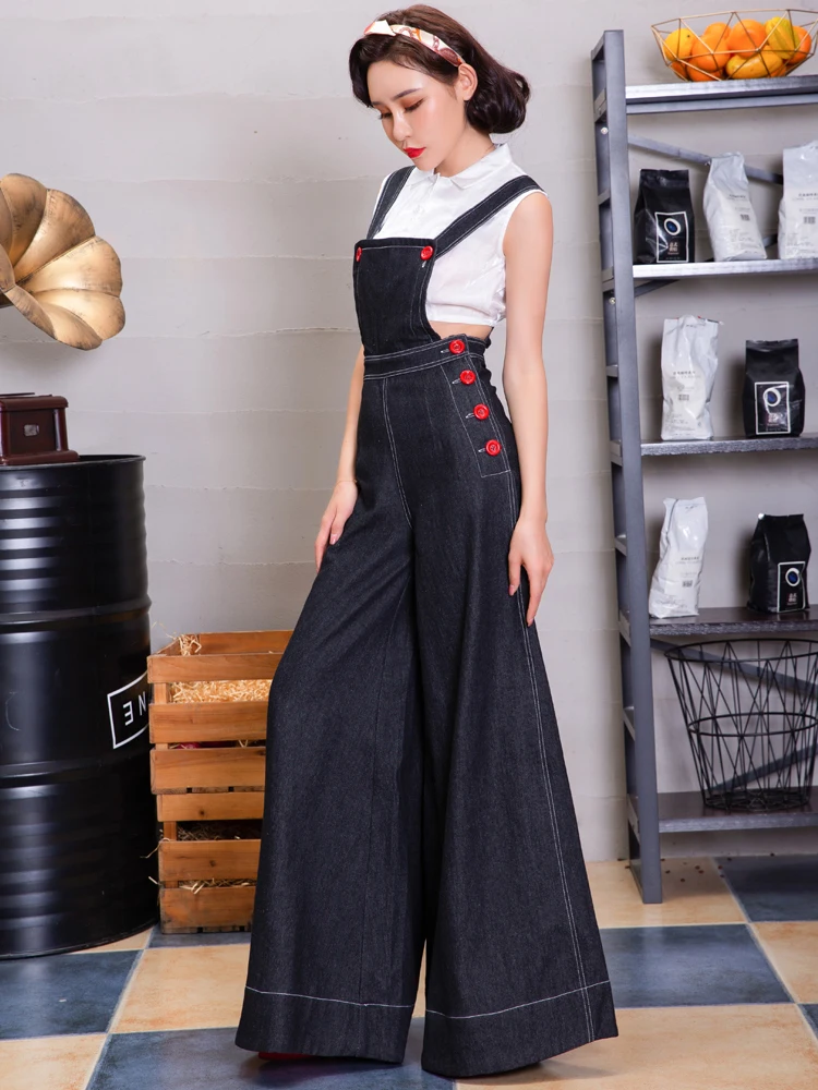 Retro High Waist Slim Cowboy Suspender Women's Black Large Wide Leg Pants Fashion Long Jumpsuit Female Party Elegant Denim