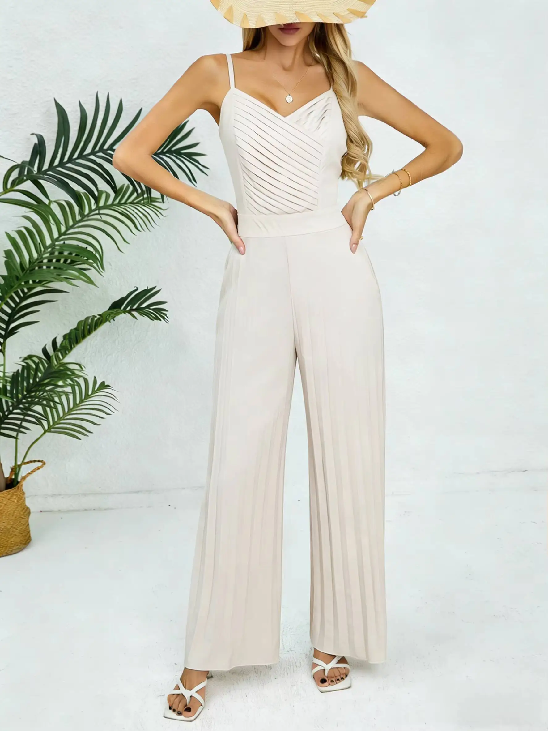 

Women Sleeveless V Neck Pleated Solid High Waisted Wide Leg Jumpsuit Elegant Spring Summer Vacay Beach Light Airy Jumpsuit
