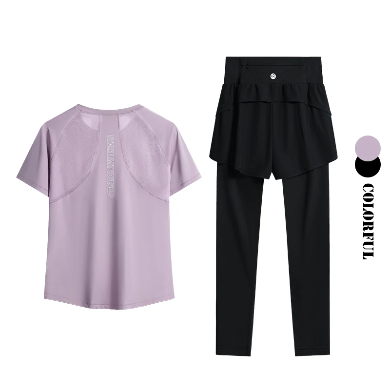 DRUR 2 Piece Women's Yoga Set Mesh Splicing Breathable T-Shirt High Waist Pocket Capri Leggings Women's Gym Fitness Sports Wear