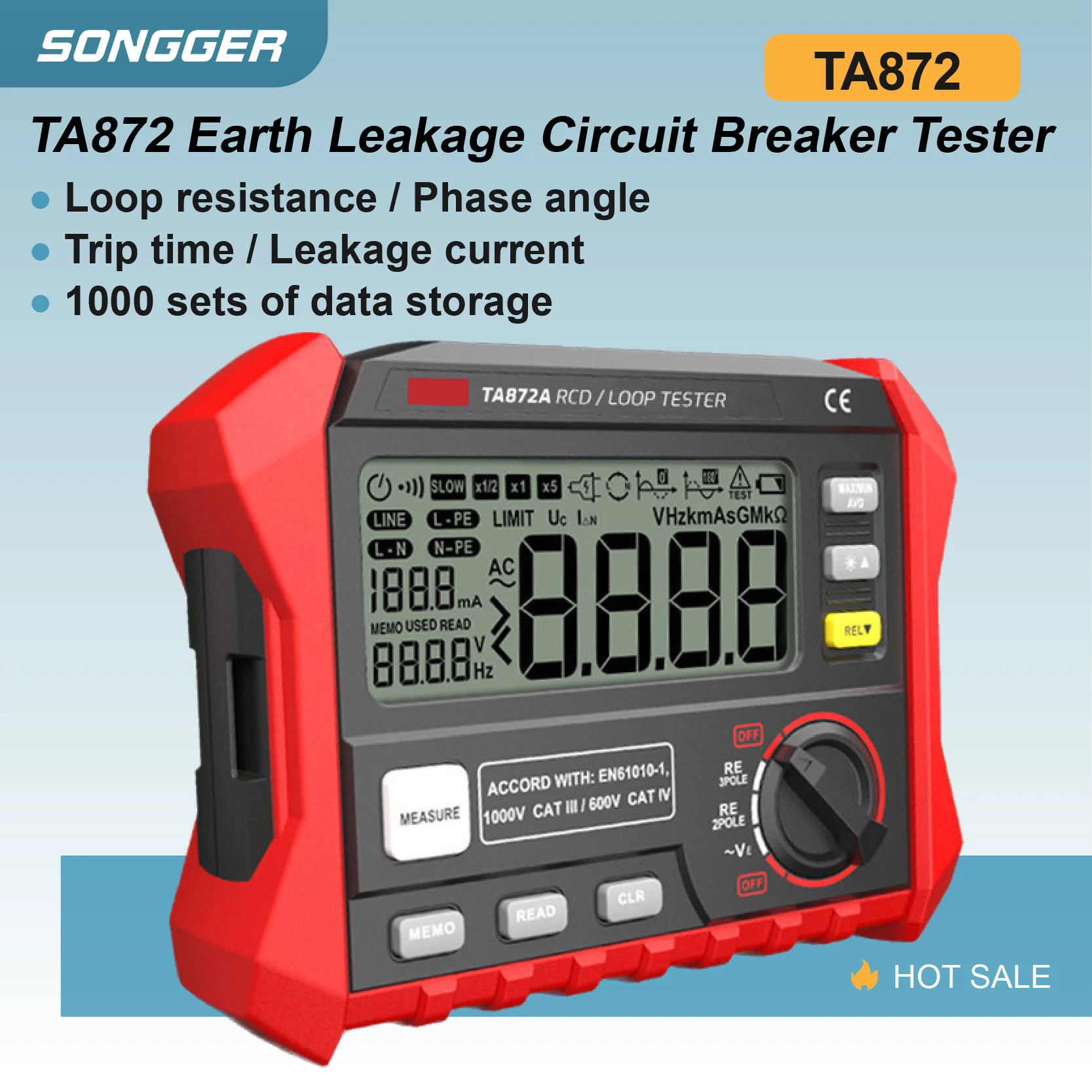 TA872 LCD RCD Loop Tester with Data Logging 1000 Record Memory Measures Trip Time Leakage Current Resistance Phase Angle Cable