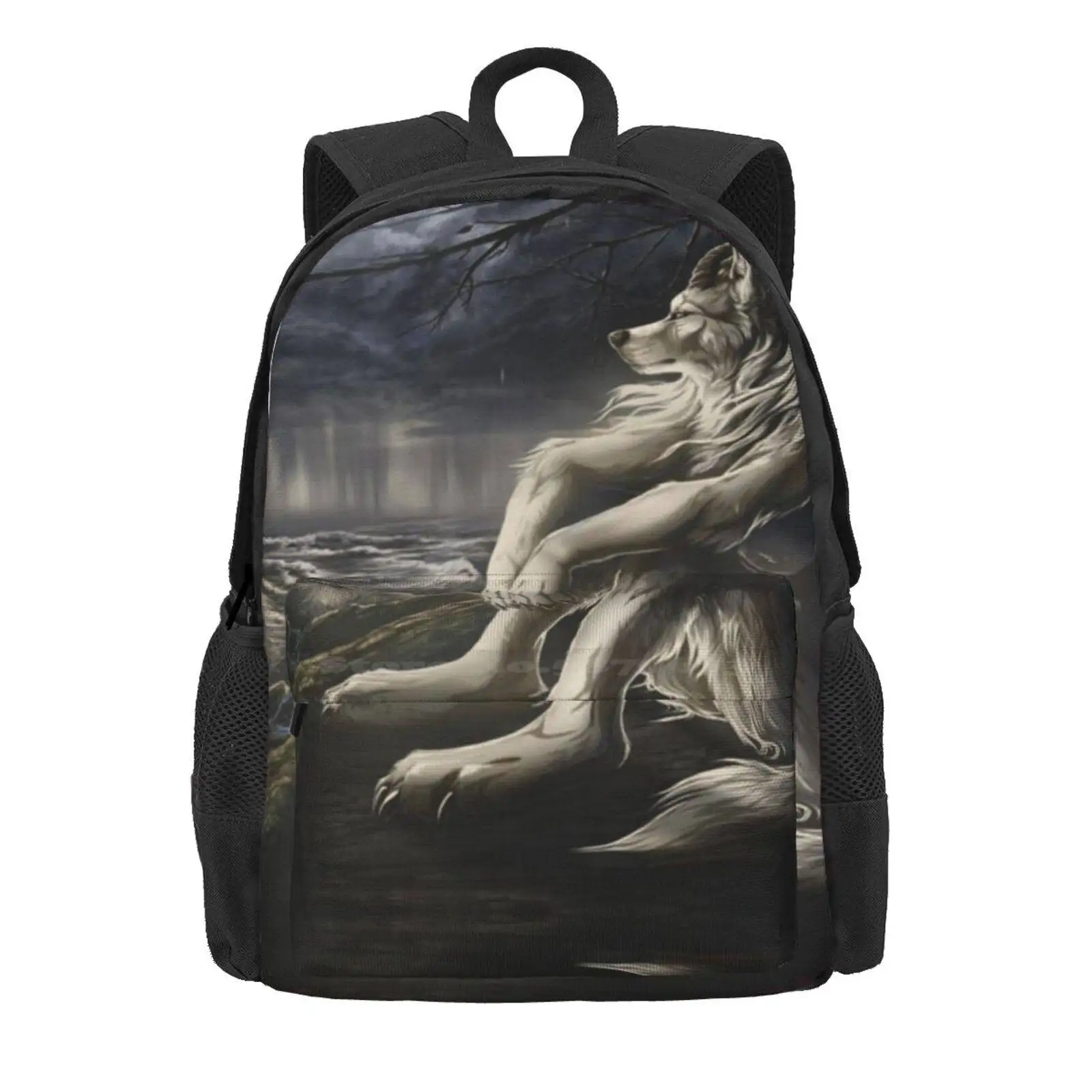 Emo White Wolf Sitting Sad Meme Hot Sale Schoolbag Backpack Fashion Bags Emo Wolf Sad Sitting Meme White