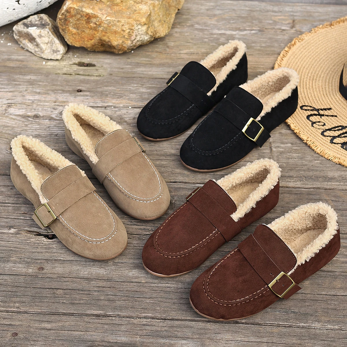 

Luxury Shearling Suede Loafer Woman Brand Design Warm Plush Buckle Strap Slip-on Shoes Lady Casual Soft Round Toe Flat Moccasins