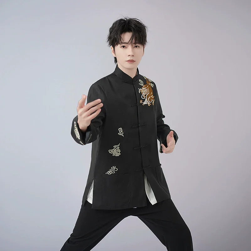 

Vintage Style Black Men Jacket Red Standing Collar Tang Suit Chinese Dragon Pattern Embroidery Pattern Decoration Coat