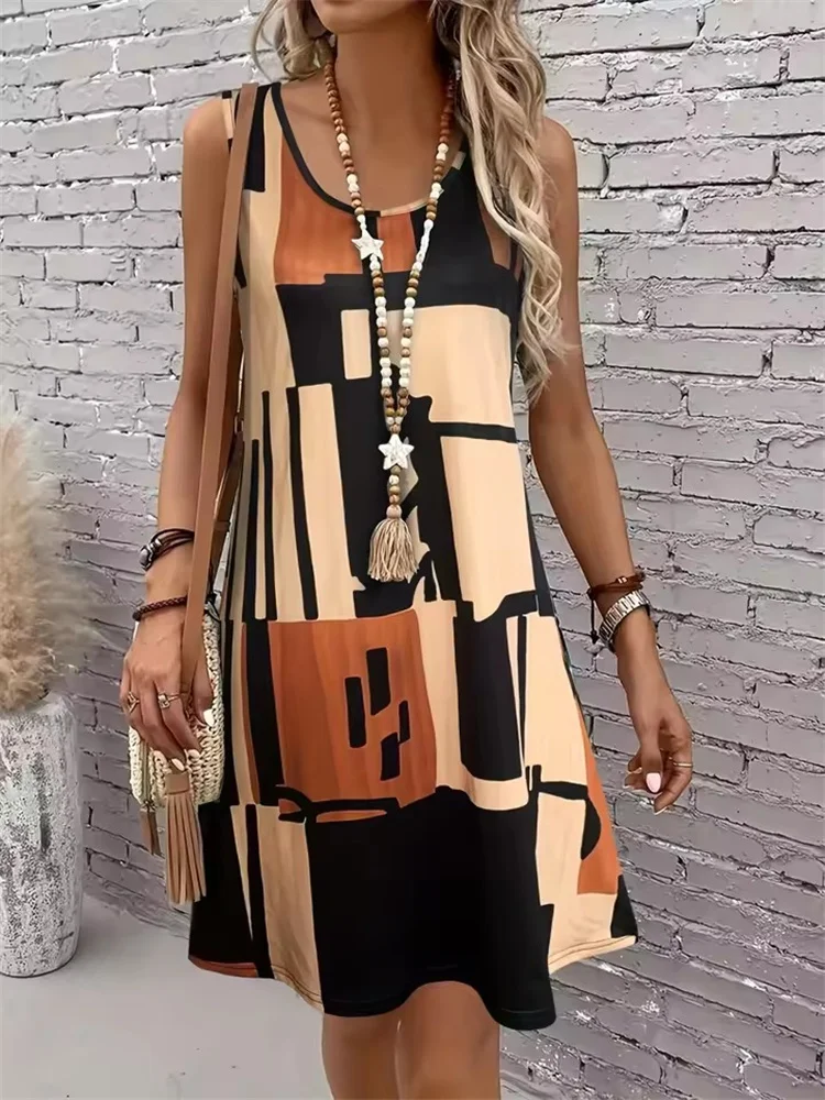 2025 nieuwe mode damesjurk casual strand ronde hals mouwloze losse jurk zomer damesvest gestreepte print jurk zonnejurk