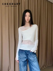 CHEERART Designer White Cut Out Long Sleeve Blouse Women See Through Knitted Top Woman 2024 Fashion Fall Clothes