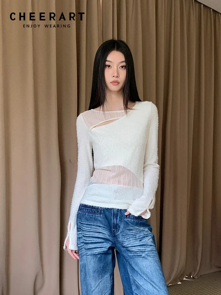 CHEERART Designer White Cut Out Long Sleeve Blouse Women See Through Knitted Top Woman 2024 Fashion Fall Clothes