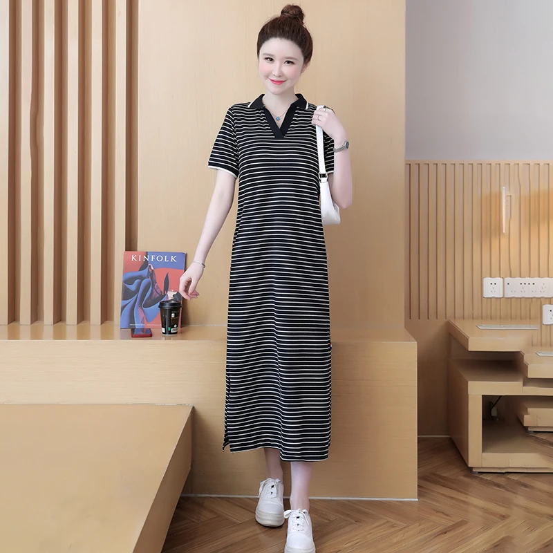 Summer Women Cotton T-shirt Dresses Female lapel Collar Short Sleeve Large Size Elegant A Line Black Stripe Below Knees Vestidos