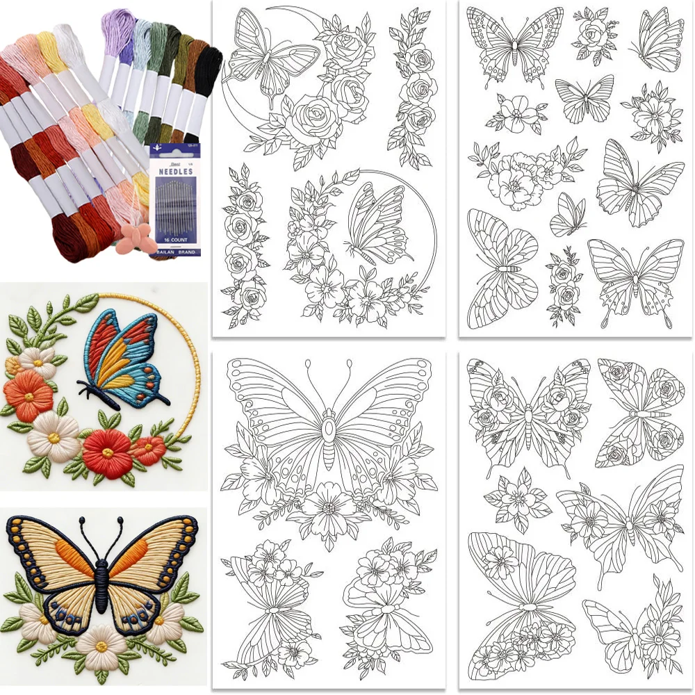 

Stick and Stitch Water Soluble Embroidery Stabilizer 4 Sheets Butterfly Flower Patterns Wash Away Adhesive Non-Woven Fabric