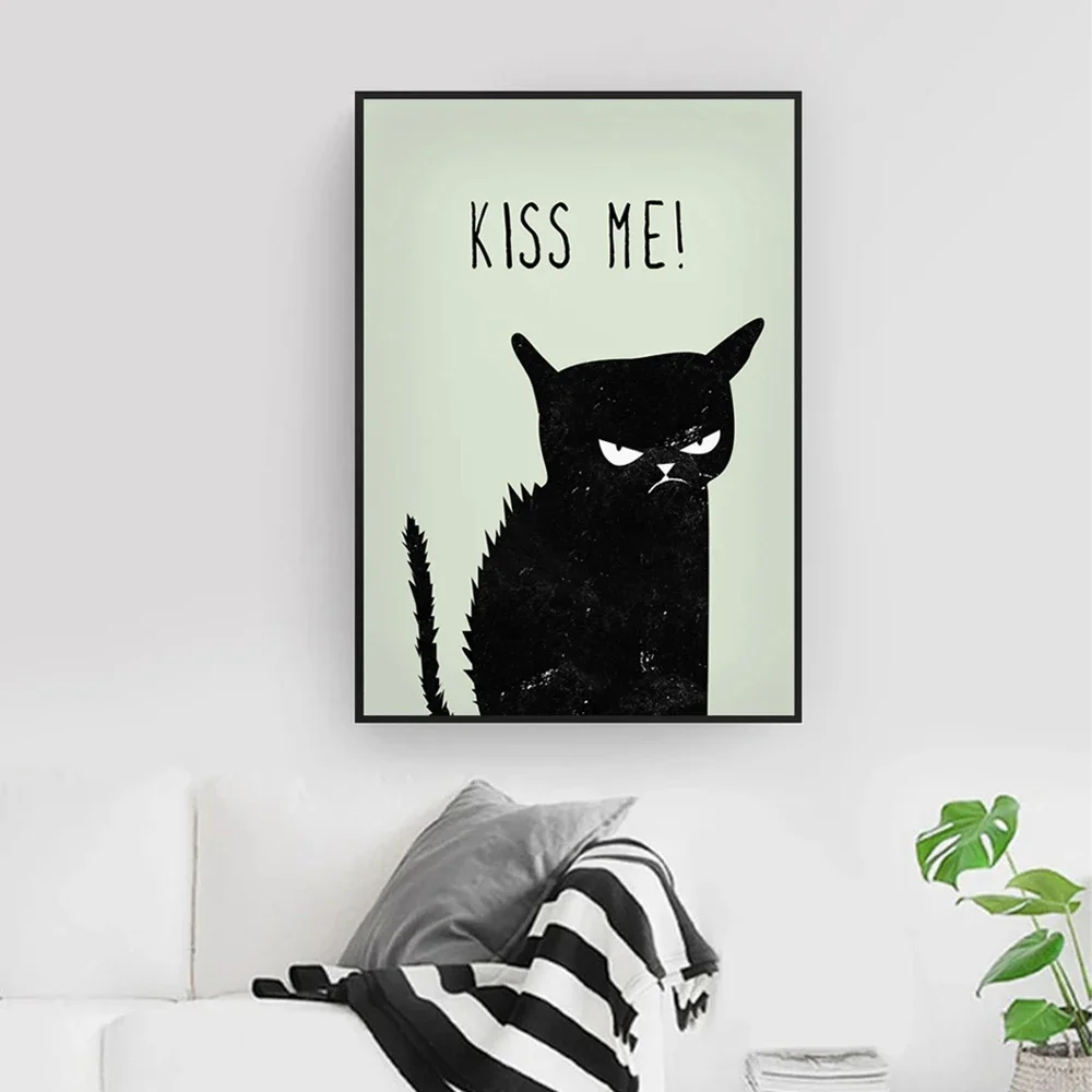 Nordic Angry Black Cats Canvas Print Painting Kiss Me Posters Wall Art Animals Pictures For Living Room Home Decoration No Frame