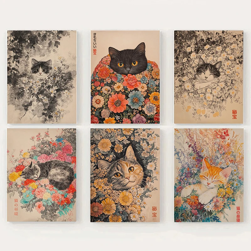 Japanese Floral Cat Nap Vintage Botanical Posters and Prints Canvas Printing Wall Art Picture for Living Room Home Decoration