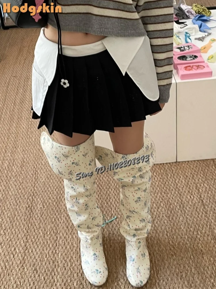 

Сапоги на плоской подошве со шнуровкой и принтом кролика в стиле ретро, сапоги выше колена с круглым носком и перекрестной завязкой, осень 2023, новая женская обувь в уличном стиле