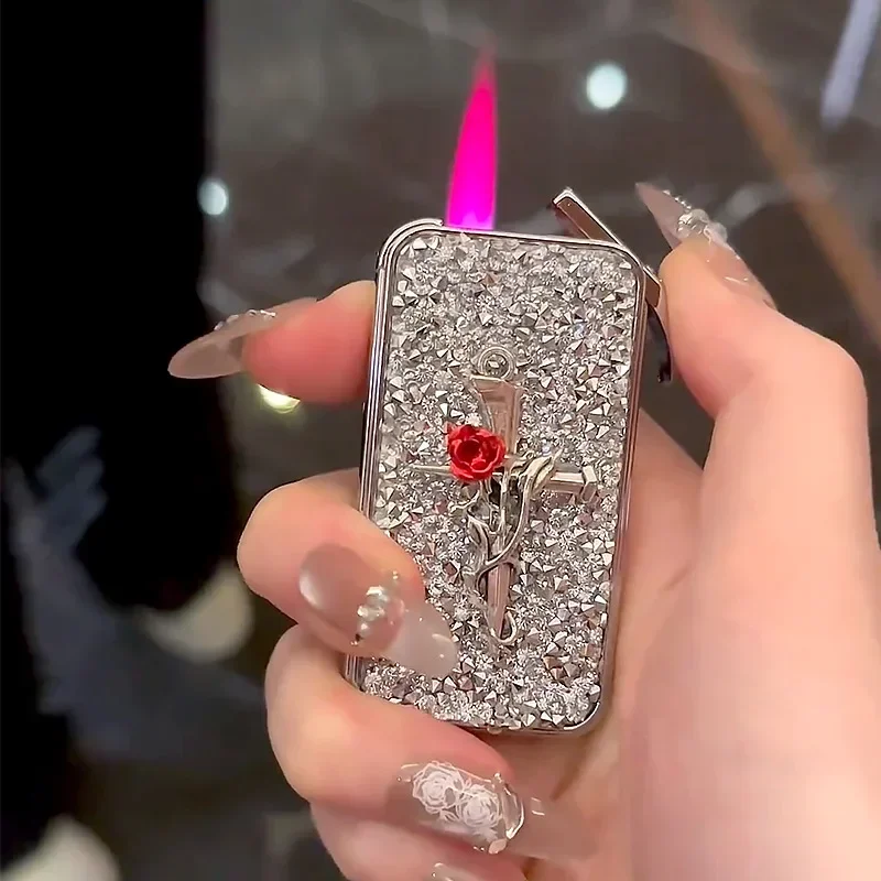 

Luxury Rhinestone Windproof Pink Flame Lighter for Women - Portable Inflatable Butane Gas Lighter Elegant Gift for Ladies No Gas